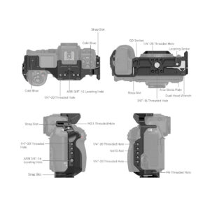 SmallRig_Cage_for_Nikon_Z8_3940_003 Kaavio SmallRig 3940 Cage for Nikon Z8 -kameran häkistä, jossa näkyy useita merkittyjä kiinnityspisteitä - hihna-aukot, kylmäkengät, kierrereiät, QD-liitäntä, NATO-kisko ja työkalujen säilytyspaikka - ja jossa on havainnollistettu kamera.