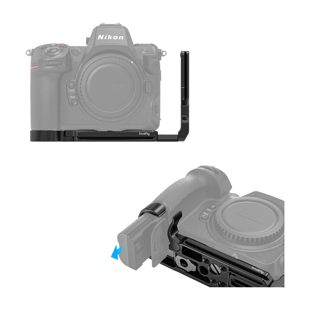 SmallRig_L-Shape_Mount_Plate_For_Nikon_Z8_3942_004 SmallRig 3942 L-muotoinen kiinnityslevy on kiinnitetty Nikon Z8 -kameraan. Sisäkuvassa korostetaan kiinnikkeen sivua, ja nuoli osoittaa helpon pääsyn akkulokeroon irrottamatta kiinnityslevyä.