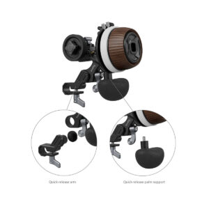 Lähikuva SmallRig 3850 Modular Follow Focus F60:stä, jossa korostuvat sen pikavapautettava varsi ja pikavapautettava kämmentuki ympyränmuotoisissa merkinnöissä, joissa on kunkin komponentin merkinnät.
