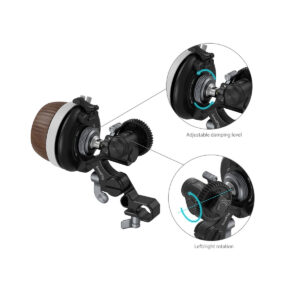 SmallRig 3850 Modular Follow Focus F60:n leikkauskaavio näyttää sisäiset vaihteet. Sisäkuvat korostavat säädettävää vaimennustasoa ja vasen/oikea-kiertoa, ja siniset viivat merkitsevät kunkin ominaisuuden komponentit.