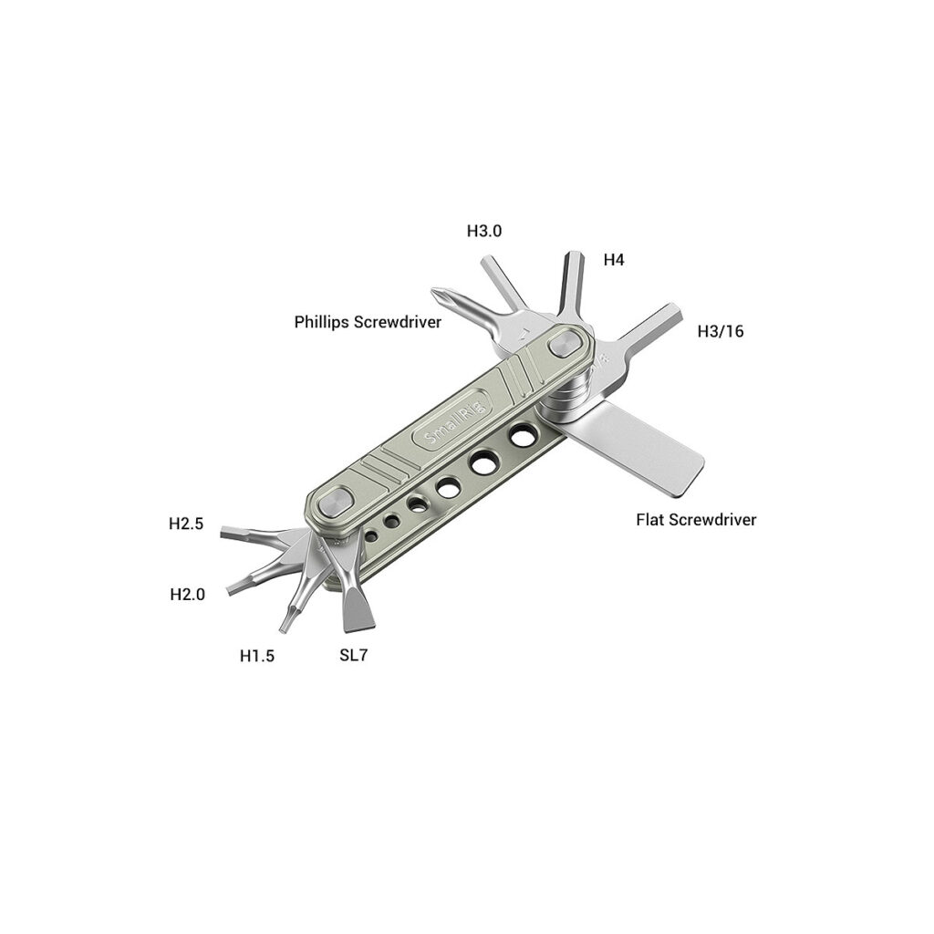 SmallRig_Universal_9-in-1_Folding_Multi-Tool_Kit_for_Videographers_TC2713_002 SmallRig 2713 Universal 9-in-1 Folding Multi-Tool Kit for Videographers contains folding tools, including Phillips and flat head screwdrivers, H3.0, H4, H3/16, H2.5, H2.0, H1.5 Allen wrenches & SL7; metal body with holes and textured grip.