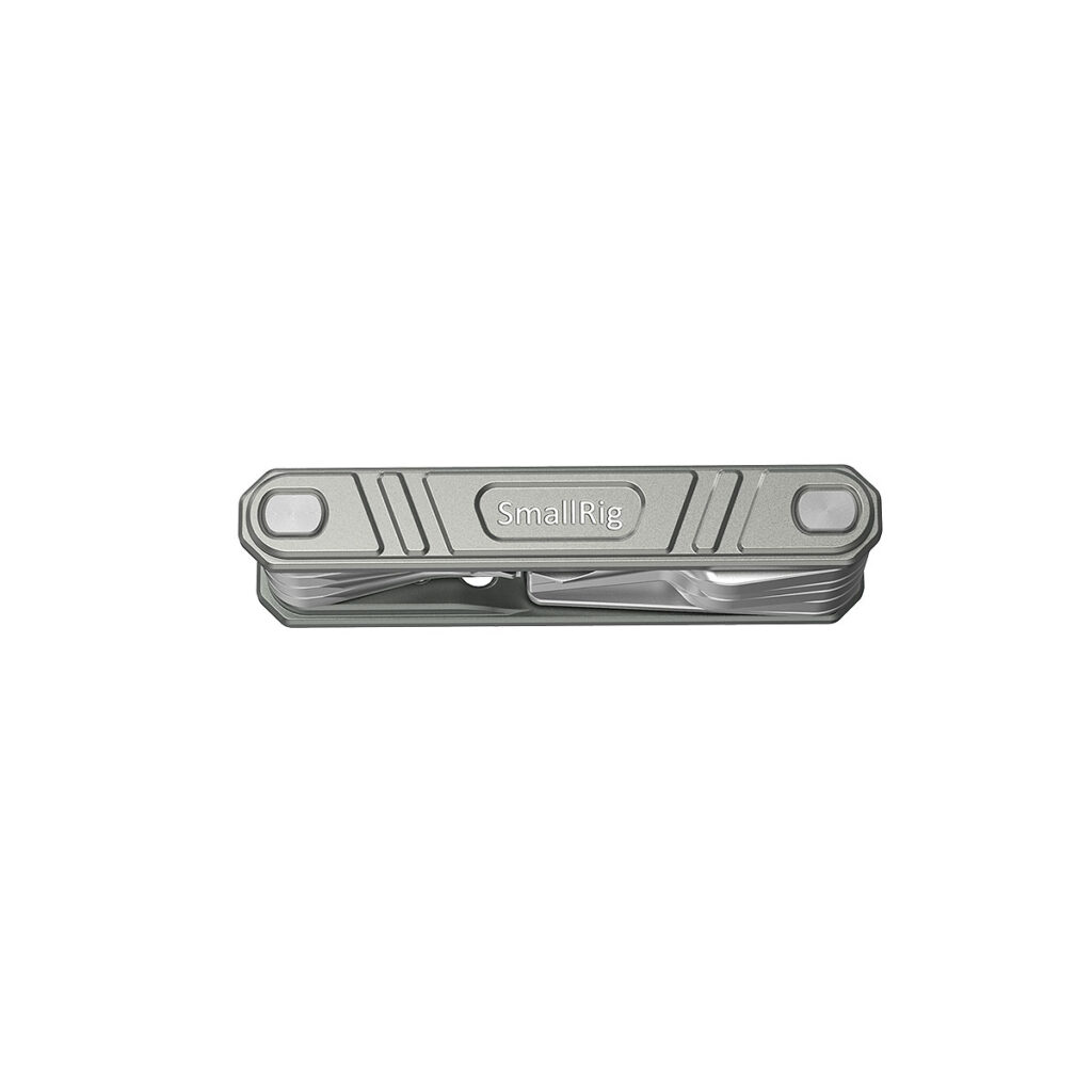 SmallRig_Universal_9-in-1_Folding_Multi-Tool_Kit_for_Videographers_TC2713_003 SmallRig 2713 Universal 9-in-1 Folding Multi-Tool Kit for Videographers, a compact silver multi-tool with "SmallRig" engraved on the front, can be seen against a white background.