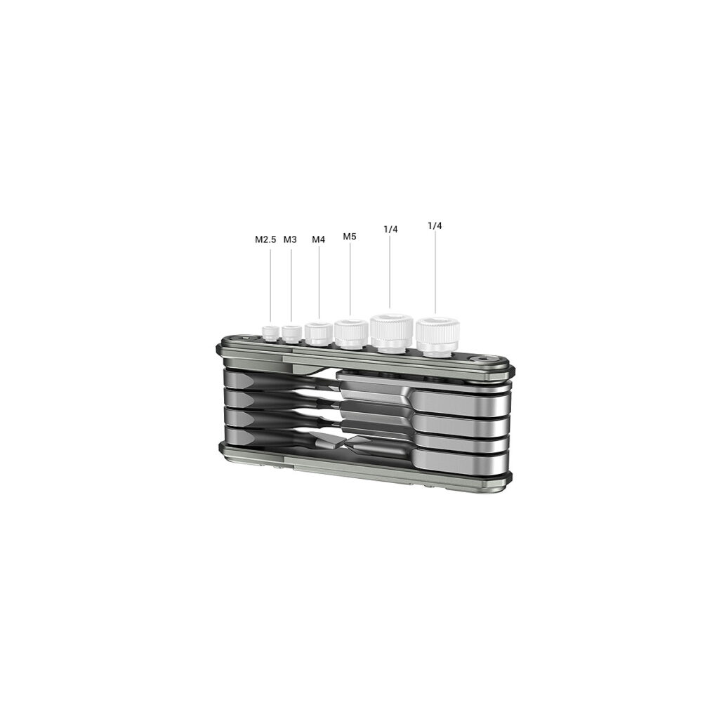 SmallRig_Universal_9-in-1_Folding_Multi-Tool_Kit_for_Videographers_TC2713_004 The SmallRig 2713 Universal 9-in-1 Folding Multi-Tool Kit for Videographers is a compact multi-tool with multiple screwdrivers marked M2.5, M3, M4, M5, 1/4 and 1/4, all stacked and neatly arranged in a rectangular case.