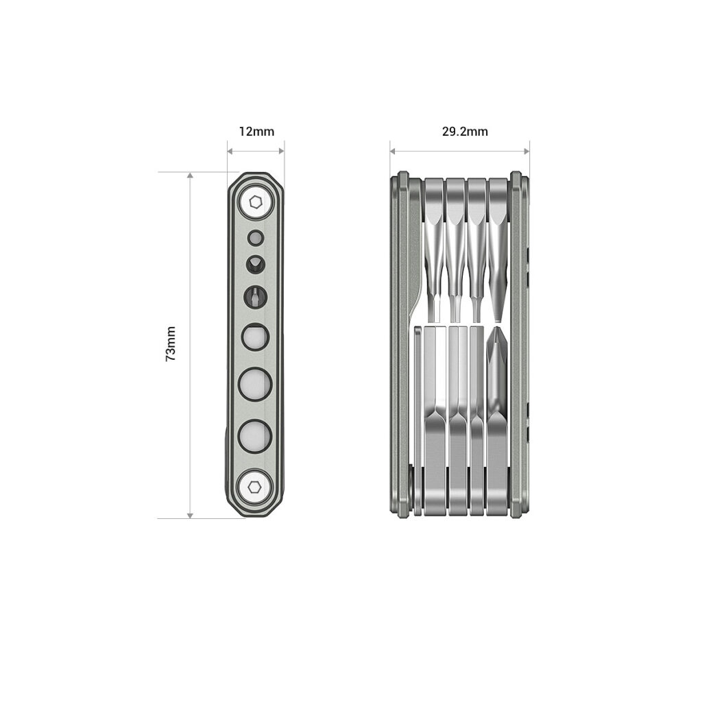 SmallRig_Universal_9-in-1_Folding_Multi-Tool_Kit_for_Videographers_TC2713_007 Two views of the SmallRig 2713 Universal 9-in-1 Folding Multi-Tool Kit for Videographers, showing dimensions: 72 mm length, 12 mm width and 29.2 mm depth. Left view shows details of the buttons; right view shows the toolbars folded inside.