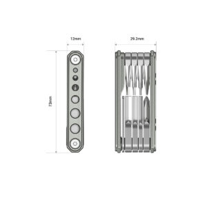 SmallRig_Universal_9-in-1_Folding_Multi-Tool_Kit_for_Videographers_TC2713_007 Two views of the SmallRig 2713 Universal 9-in-1 Folding Multi-Tool Kit for Videographers, showing dimensions: 72 mm length, 12 mm width and 29.2 mm depth. Left view shows details of the buttons; right view shows the toolbars folded inside.
