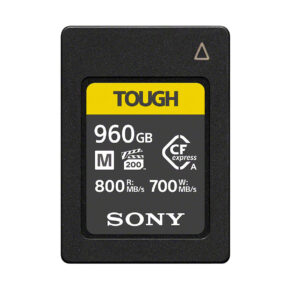 Sony_960GB_CFExpress_A Front view of the Sony 960GB CFExpress Type A Tough - M series card with 800 MB/s read and 700 MB/s write speed with black and yellow sticker.