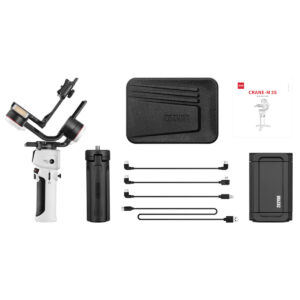 Zhiyun-Crane-M3S-8 Zhiyun Crane M3S Combo näkyy valkoisella pohjalla gimbalin, jalustakahvan, kantolaukun, neljän USB-kaapelin, akku-/latauskotelon ja käyttöohjeen kanssa.