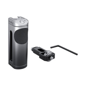 The SmallRig 3838 side handle with wireless control for your smartphone features a metal handle, textured black panel, removable clamp and an included Allen key that appears on a white background.