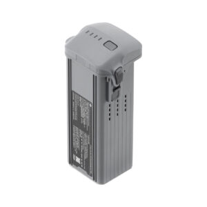 DJI Intelligent Flight Battery for Air 3 1 DJI Intelligent Flight Battery for Air 3 -akku on harmaa, suorakulmainen akku, jossa on tuuletusrakoja, sivusolki, valkoisella tekstillä varustettu etiketti ja neljä merkkivaloa päällä.