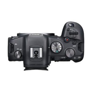 canon_Eos_r6_02 Canon EOS R6 -kameran ylhäältä katsottuna kuvassa näkyvät mustassa rungossa olevat säätimet, painikkeet, on/off-kytkin, valotuskengän kiinnitys ja LCD-näyttö.