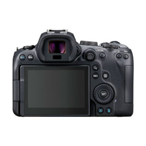 canon_Eos_r6_03 Mustan Canon EOS R6 -digitaalikameran takakuva, jossa on LCD-näyttö, etsin ja useita ohjauspainikkeita ja valitsimia.