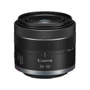 canon_RF_24-50mm The Canon RF 24-50mm F4.5-6.3 IS STM is a black lens with silver accents, a textured focus ring, Canon 24-50 and CONTROL AF/MF markings and markings for 24mm and 28mm focal lengths.
