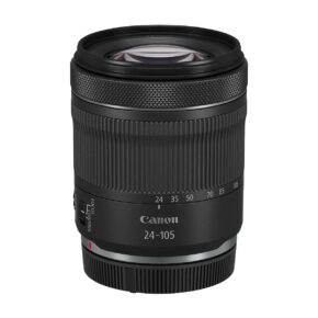 canon_rf_24-105mm_IS_STM The Canon RF 24-105mm f/4-7.1 IS STM lens stands upright against a white background, highlighting its textured zoom and focus rings and clearly marked controls.