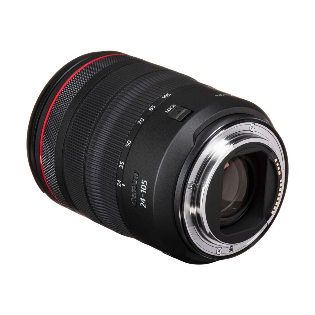 canon_rf_24-105mm_f4_02 A Canon RF 24-105mm f/4 L IS lens is shown on a white background. The black lens has a red ring, zoom and focus markings and a metal bayonet mount.