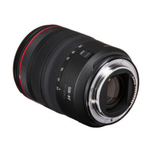 canon_rf_24-105mm_f4_02 A Canon RF 24-105mm f/4 L IS lens is shown on a white background. The black lens has a red ring, zoom and focus markings and a metal bayonet mount.