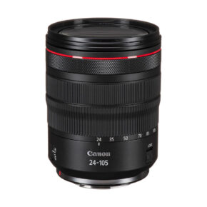 canon_rf_24-105mm_f4_03 The Canon RF 24-105mm f/4 L IS camera lens with black body, red accent ring, zoom markings and lock switch is photographed vertically against a white background.