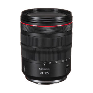 canon_rf_24-105mm_f4_03 The Canon RF 24-105mm f/4 L IS camera lens with black body, red accent ring, zoom markings and lock switch is photographed vertically against a white background.