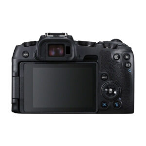 canon_rp_01 Canon EOS RP -järjestelmäkameran takakuva, jossa näkyvät LCD-näyttö, ohjauspainikkeet, valintakiekot, elektroninen etsin ja musta runko, jossa on kuvioitu kahva oikealla puolella.