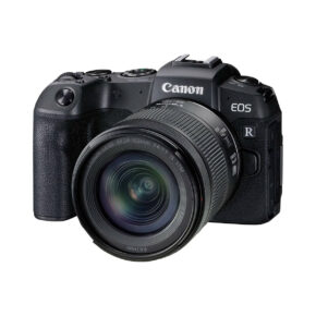canon_rp_24-105mm Canon EOS RP mirrorless camera with 24-105mm f/4-7.1 IS STM lens, black, is shown at a three-quarter angle against a white background.