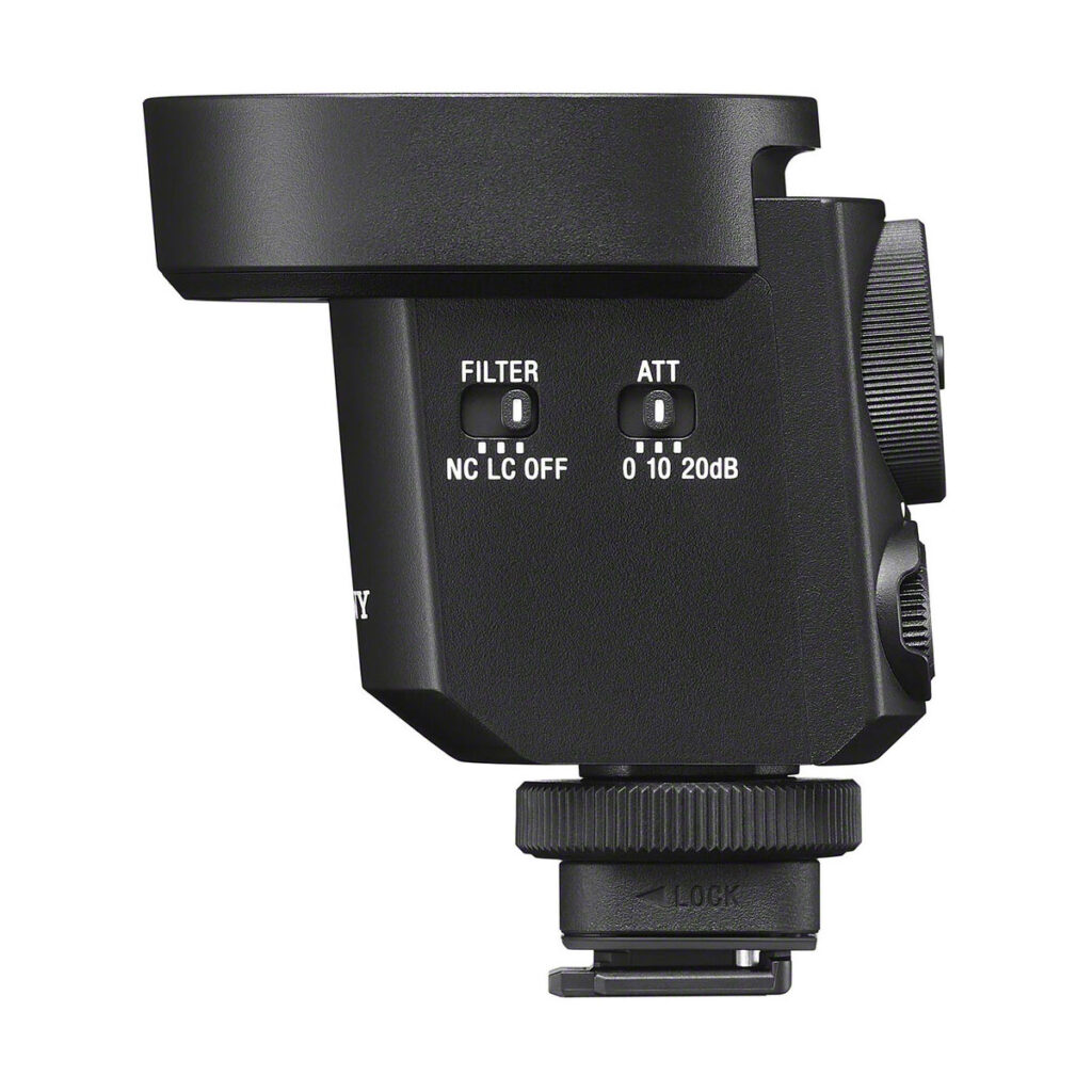 sony_ecm_m1_01 Side view of a black Sony ECM-M1 microphone with "FILTER" and "ATT" switches, mounted on a shoe jack marked "LOCK".