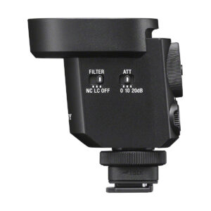 sony_ecm_m1_01 Side view of a black Sony ECM-M1 microphone with "FILTER" and "ATT" switches, mounted on a shoe jack marked "LOCK".