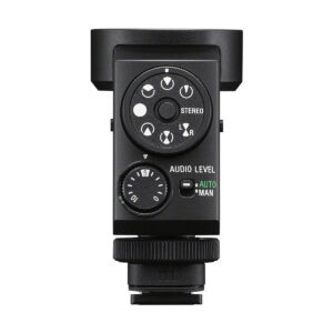 sony_ecm_m1_02 The Sony ECM-M1 microphone features dials, buttons, a stereo switch and a sound level section with automatic and manual modes. It has a hot shoe attachment on the bottom. The product is visible against a white background.