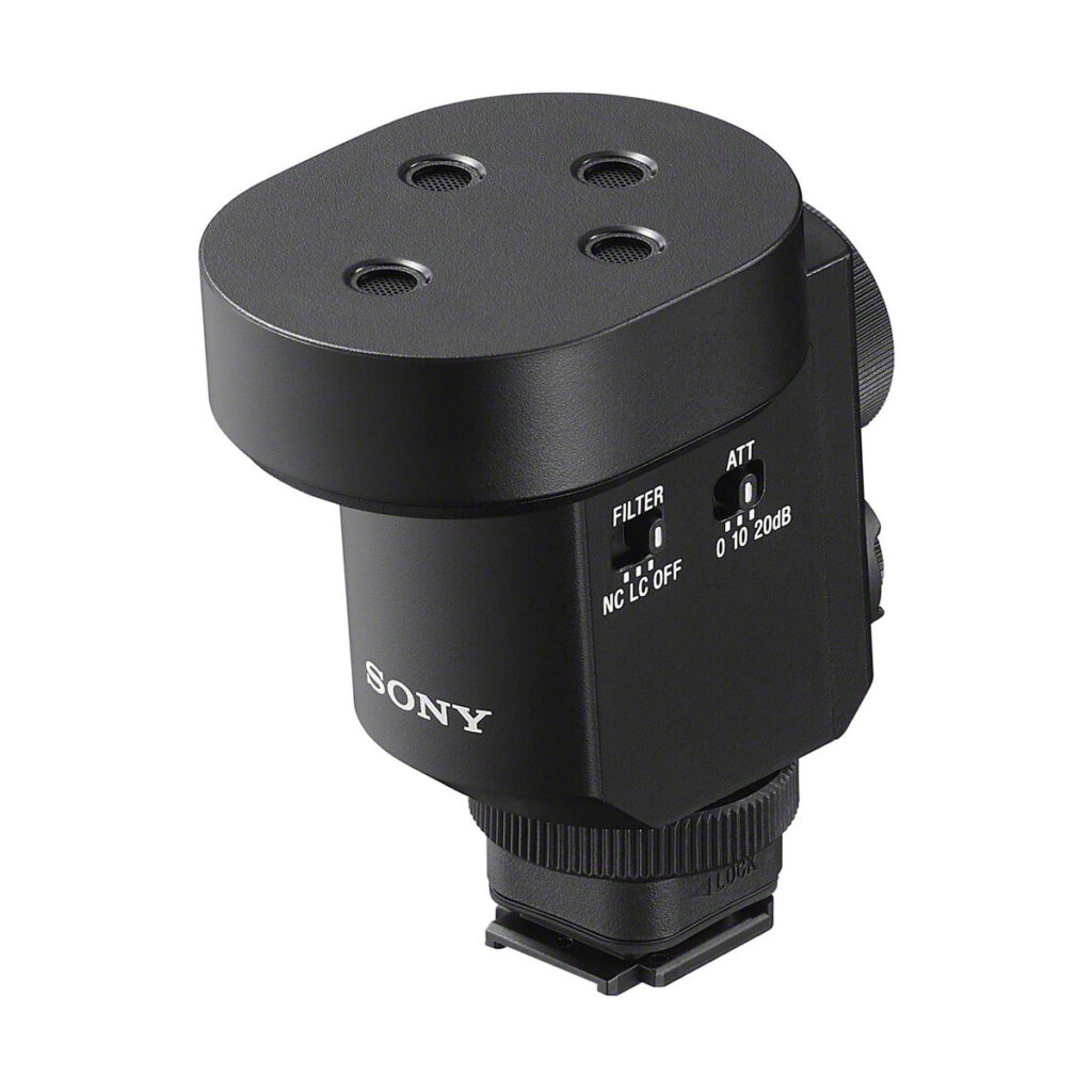 sony_ecm_m1_04 The Sony ECM-M1 is a black camera microphone adapter with three round ports on the top, side control switches and a hot shoe mount on the bottom for easy attachment to the camera.