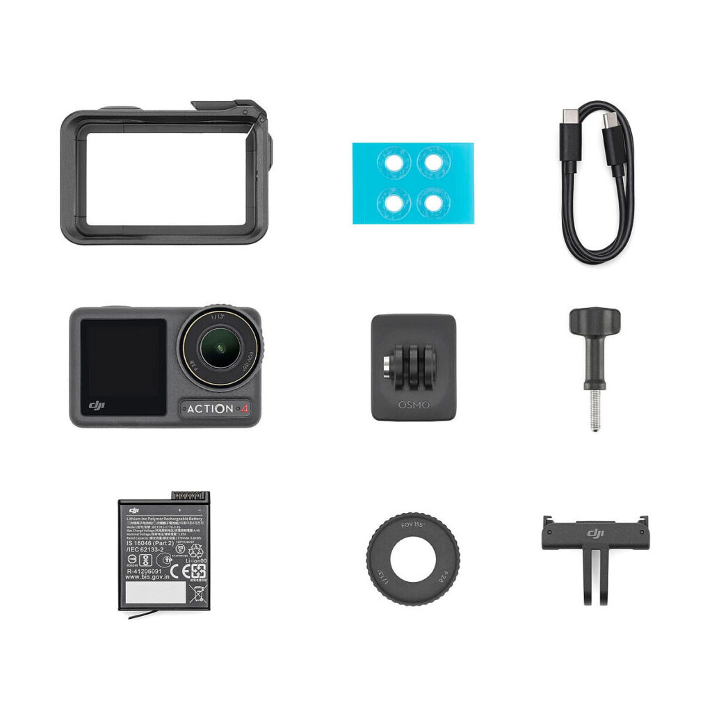 DJI_Osmo_4 DJI Osmo Action 4 Standard Combo -toimintakamerapakkauksen tasokuva, jossa on kamera, akku, objektiivin suojus, kiinnityskehys, ruuvit, USB-C-kaapeli, liimatyynyt ja kiinnitystarvikkeet valkoisella pohjalla.