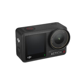DJI_Osmo_Action_4_Standard_Combo_001 Black DJI Osmo Action 4 Standard Combo action camera with front screen, wide-angle lens and top/side buttons, shot from an angle to show off its brand and compact design.
