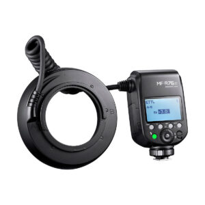 Godox_MF-R76_002 The Godox MF-R76C TTL Macro Ring Flash for Canon is a black flash with a twist cord, control unit, digital display and a number of buttons and controls - comparable in quality to the Godox AD300 Pro flash.
