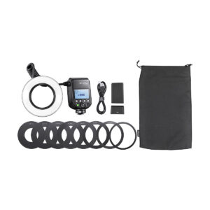 Godox_MF-R76_006 The Godox MF-R76C TTL Macro Ring Flash for Canon includes a control unit, flash ring, USB cable, two batteries, several lens adapter rings and a black drawstring bag - all shown on a white background.