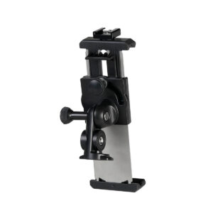 Joby GripTight Pro 2 Tablet Mount on musta säädettävä pidike, jossa on pyöriviä niveliä, kiinnitysmekanismi ja kiinnitystarvikkeet, jotka on suunniteltu tablettien tai vastaavien laitteiden turvalliseen pitämiseen. Kuvattu tavallista valkoista taustaa vasten.