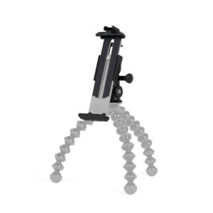 Joby GripTight Pro 2 -tablettiteline seisoo pystyasennossa valkoista taustaa vasten, ja siinä on segmentoidut joustavat jalat ja säädettävä pidike tableteille.