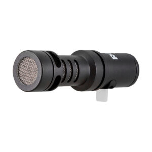 Rode_Video_Mic_Me-C_001 Rode Videomic ME-C on kompakti musta haulikkomikrofoni, jossa on metalliverkkosäleikkö ja sivuklipsi ja joka on suunniteltu kannettavaan äänen tallennukseen.