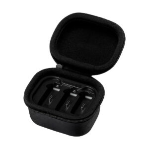 Rode_Wireless_Pro_009 Rode Wireless Pro -langaton mikrofonijärjestelmä -laitteen musta vetoketjullinen kantokotelo näkyy avattuna valkoisella pohjalla, ja sen sisällä on kolme latauspaikkaa, joihin on merkitty TX ja RX. Kotelo ei sisällä kuulokkeita.
