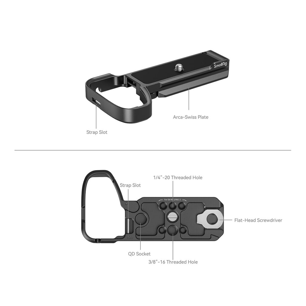 SmallRig_Baseplate_for_Sony_Alpha_6700_4338_002 SmallRig 4338 Baseplate for Sony Alpha 6700 on musta kameran lisävaruste, jossa on hihna-aukko, Arca-Swiss-levy, 1/4-20- ja 3/8-16-kierteiset reiät, QD-pistorasia ja litteäpäinen ruuvimeisseli, kuvassa sivu- ja alareunasta.