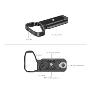 SmallRig_Baseplate_for_Sony_Alpha_6700_4338_002 SmallRig 4338 Baseplate for Sony Alpha 6700 on musta kameran lisävaruste, jossa on hihna-aukko, Arca-Swiss-levy, 1/4-20- ja 3/8-16-kierteiset reiät, QD-pistorasia ja litteäpäinen ruuvimeisseli, kuvassa sivu- ja alareunasta.