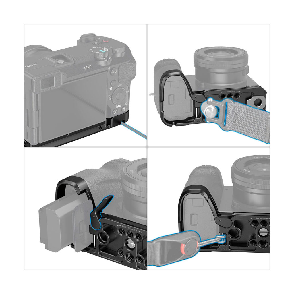 SmallRig_Baseplate_for_Sony_Alpha_6700_4338_003 Neliruutuinen kuva, jossa korostetaan SmallRig 4338 Baseplate for Sony Alpha 6700 -mallia: siinä näkyy akun pääsy, hihnan kiinnityspisteet ja useita liitäntäportteja peilittömän kameran pohjassa.