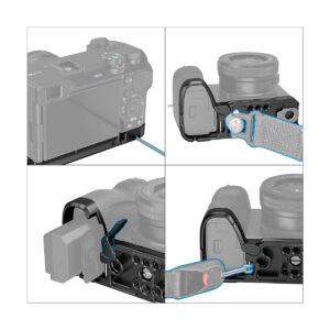 SmallRig_Baseplate_for_Sony_Alpha_6700_4338_003 Neliruutuinen kuva, jossa korostetaan SmallRig 4338 Baseplate for Sony Alpha 6700 -mallia: siinä näkyy akun pääsy, hihnan kiinnityspisteet ja useita liitäntäportteja peilittömän kameran pohjassa.
