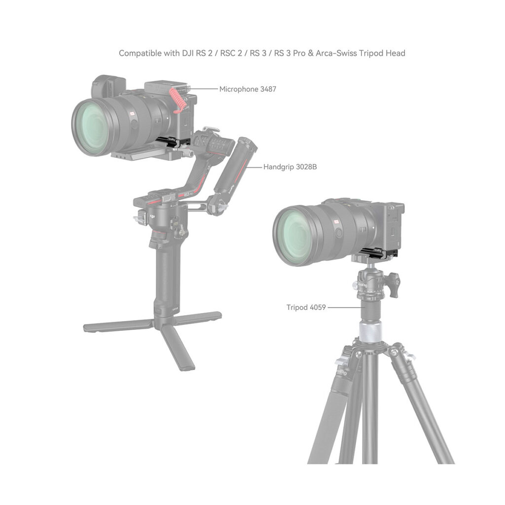 SmallRig_Baseplate_for_Sony_Alpha_6700_4338_004 SmallRig 4338 Baseplate for Sony Alpha 6700 on kuvassa asennettuna käsikannettavaan gimbaliin, jossa on mikrofoni ja käsikahva, sekä jalustalle. Merkinnät osoittavat yhteensopivuuden DJI RS/RSC -kardaanien ja Arca-Swissin kolmijalkaisten päiden kanssa.