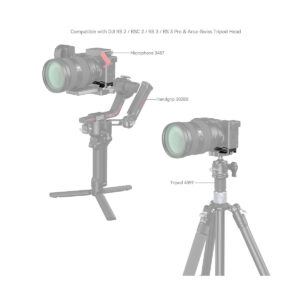 SmallRig_Baseplate_for_Sony_Alpha_6700_4338_004 SmallRig 4338 Baseplate for Sony Alpha 6700 on kuvassa asennettuna käsikannettavaan gimbaliin, jossa on mikrofoni ja käsikahva, sekä jalustalle. Merkinnät osoittavat yhteensopivuuden DJI RS/RSC -kardaanien ja Arca-Swissin kolmijalkaisten päiden kanssa.