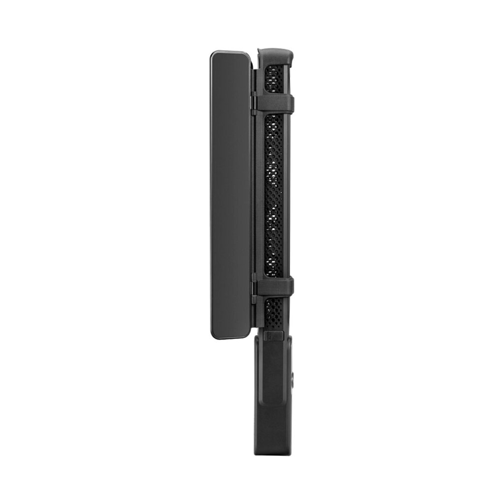 Zhiyun_Fiveray_F100_006 Sivukuva ohuesta, mustasta Zhiyun Fiveray F100 Tube Light -putkivalaisimesta, jossa on verkkomainen keskiosa ja sarana, osittain suljettuna.