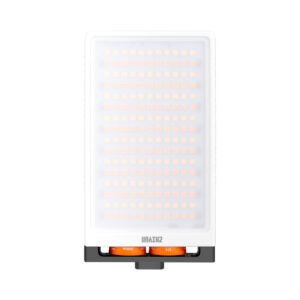 Zhiyun_Fiveray_M40_003 The Zhiyun Fiveray M40 Pocket Light is a rectangular portable LED panel with several small orange LED lights in a grid inside a white housing, two orange control dials and a small display on the bottom.