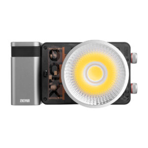 Zhiyun_Molus_X100_002 The top view of the Zhiyun LED Molus X100 COB Light Pro shows its large circular lens, metal housing on the left and adjustment wheels on the right.