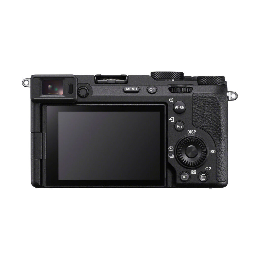 Mustan, kompaktin Sony A7CR -järjestelmäkameran takanäkymä esittelee LCD-näytön, ohjauspainikkeet, valintakiekot ja vasemmanpuoleisen etsimen. Nauti 200€ käteispalautuksesta.