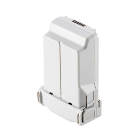 dji_mini_3_pro_intelligent_flight_battery The DJI Mini 3 Pro Intelligent Flight Battery is a grey, rectangular rechargeable battery pack with connector pins at the top, standing upright on a white base.