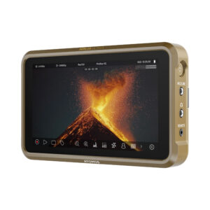 ninja_ultra The ATOMOS Ninja Ultra video monitor with gold frame shows vivid footage of a volcanic eruption with bright orange lava and smoke against a dark sky, with multiple recording options and icons on the screen.