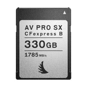 ANGELBIRD AV PRO AV PRO Type B CFexpress SX 330GB on hopeanvärinen ja musta muistikortti, jossa on merkintä AV PRO SX, jonka kapasiteetti on 330 Gt ja nopeus jopa 1785 MB/s.