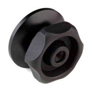 Benro_BL75S_004 Benro 75mm Half Ball Adapter on musta muovinen nuppi, jossa on kierteitetty metallinen insertti, pyöreä litteä takaosa ja ergonominen harjattu kahva helppoa kääntämistä varten. Siinä on mattapintainen viimeistely.