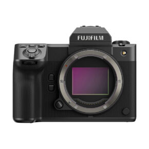 FujiFilm_GFX_100_II_001 The Fujifilm GFX 100 II system camera is shown in black without the lens, highlighting its large image sensor and the control buttons on the front and top of the camera body.